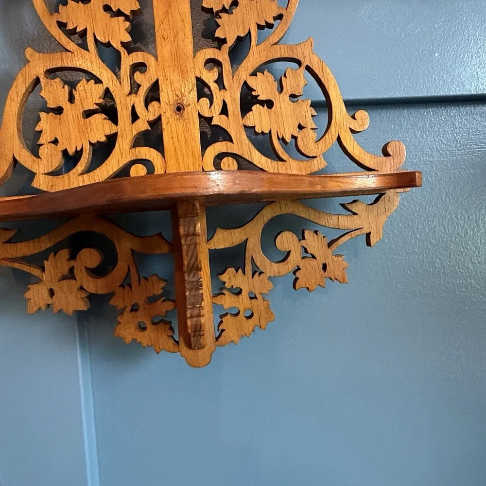 Vintage Hand Carved Wood Wall Shelf Ornate Scrollwork Cottagecore Cross